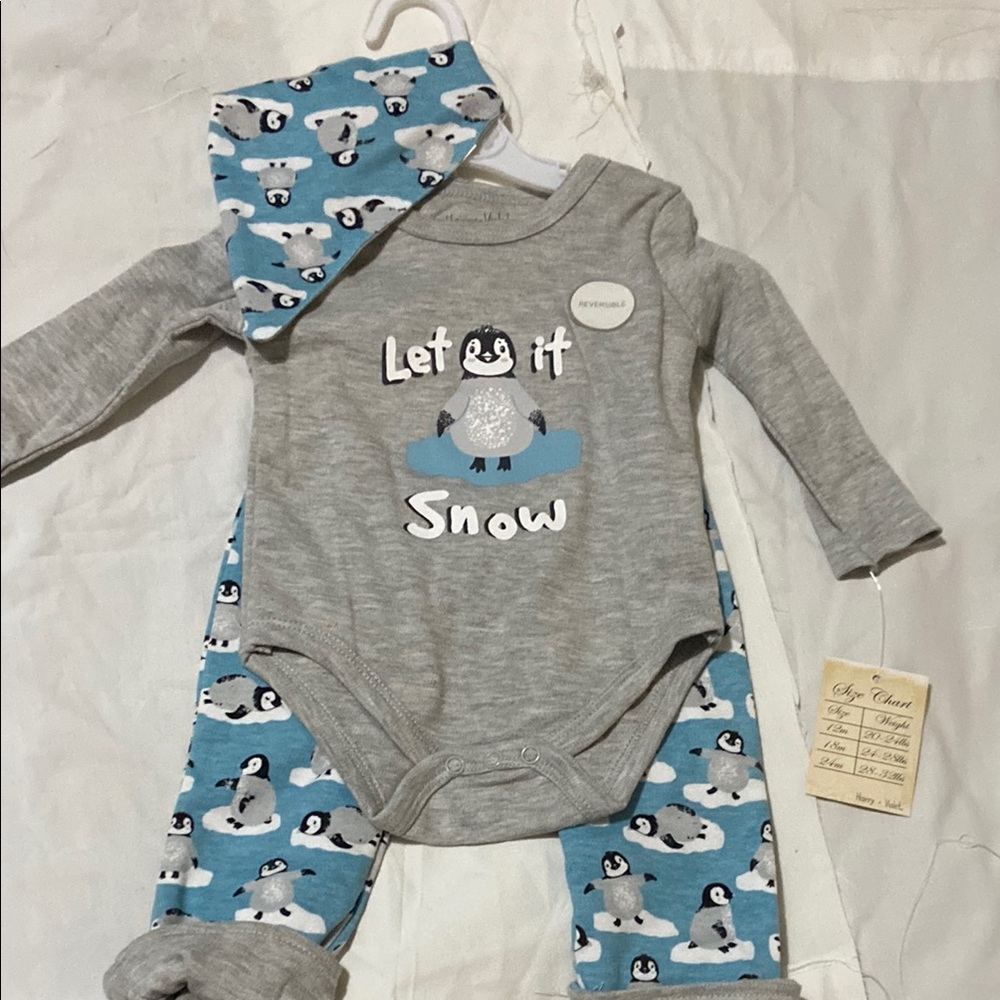 Penguin Print Gray and Blue Kids One Piece Set
